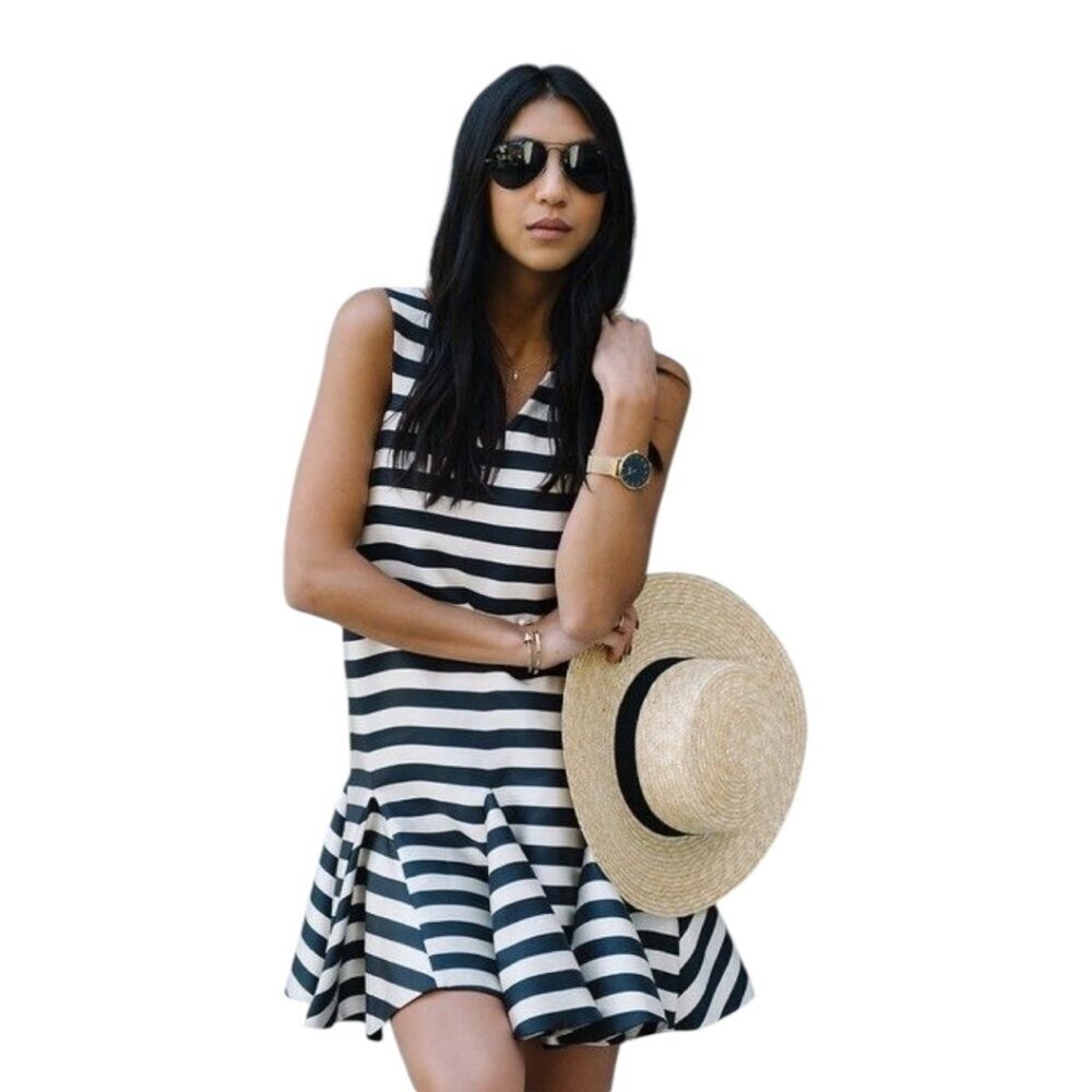 Three Floor Double V Neck Striped Swing Dress Womens Size 8 Parisian Resortwear